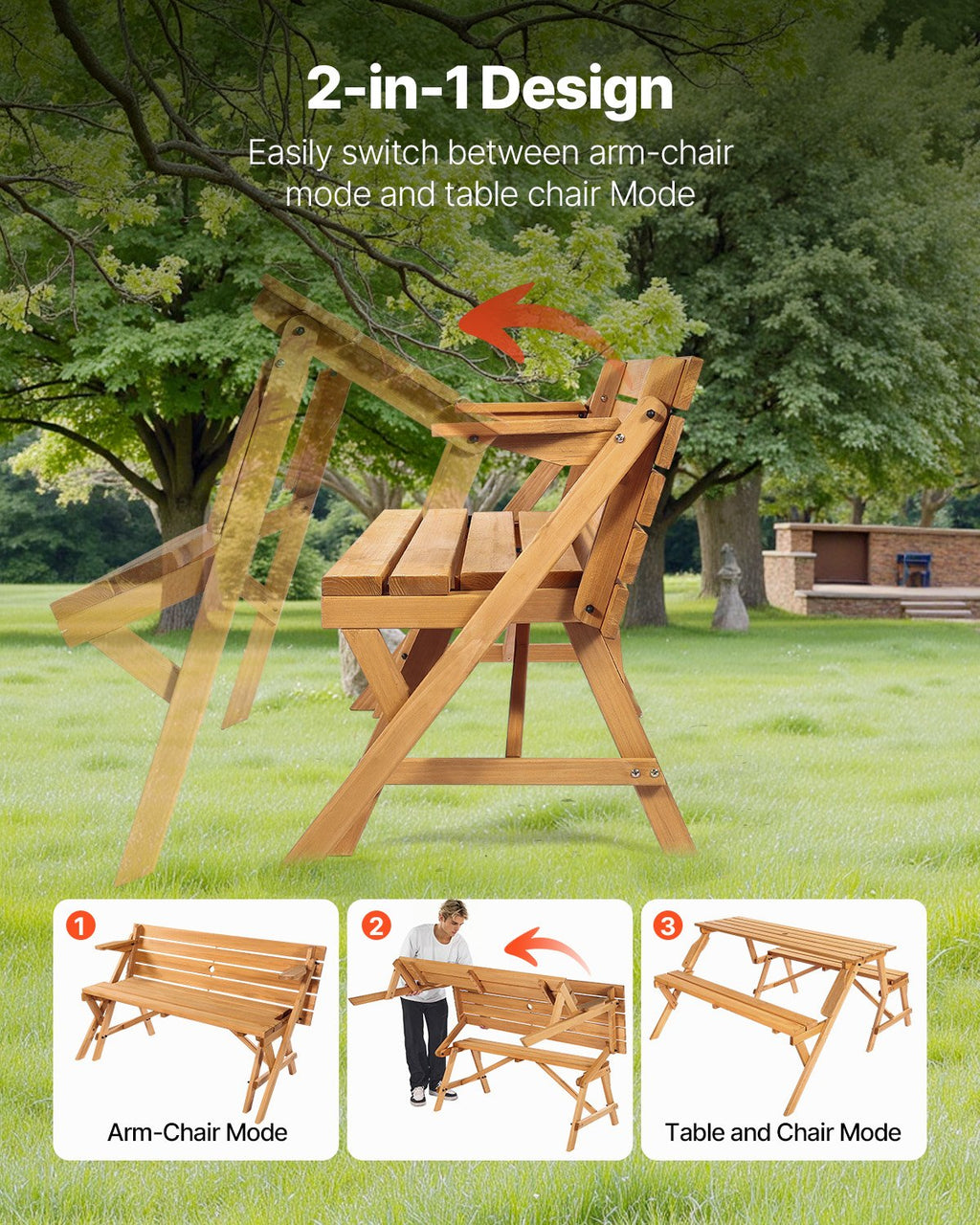 2-in-1 Transforming Interchangeable Picnic Table Wooden Table Bench Set Outdoor