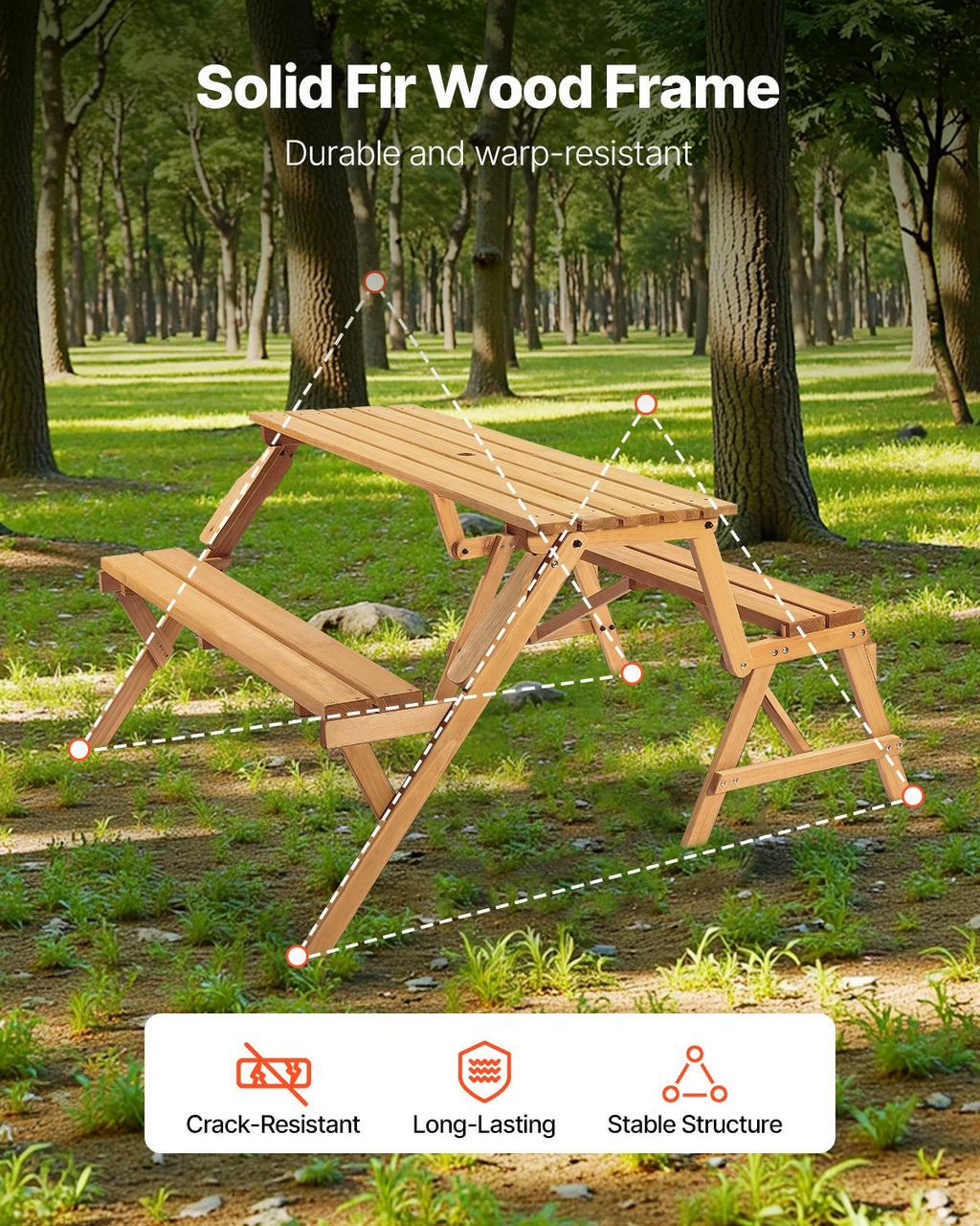 2-in-1 Transforming Interchangeable Picnic Table Wooden Table Bench Set Outdoor