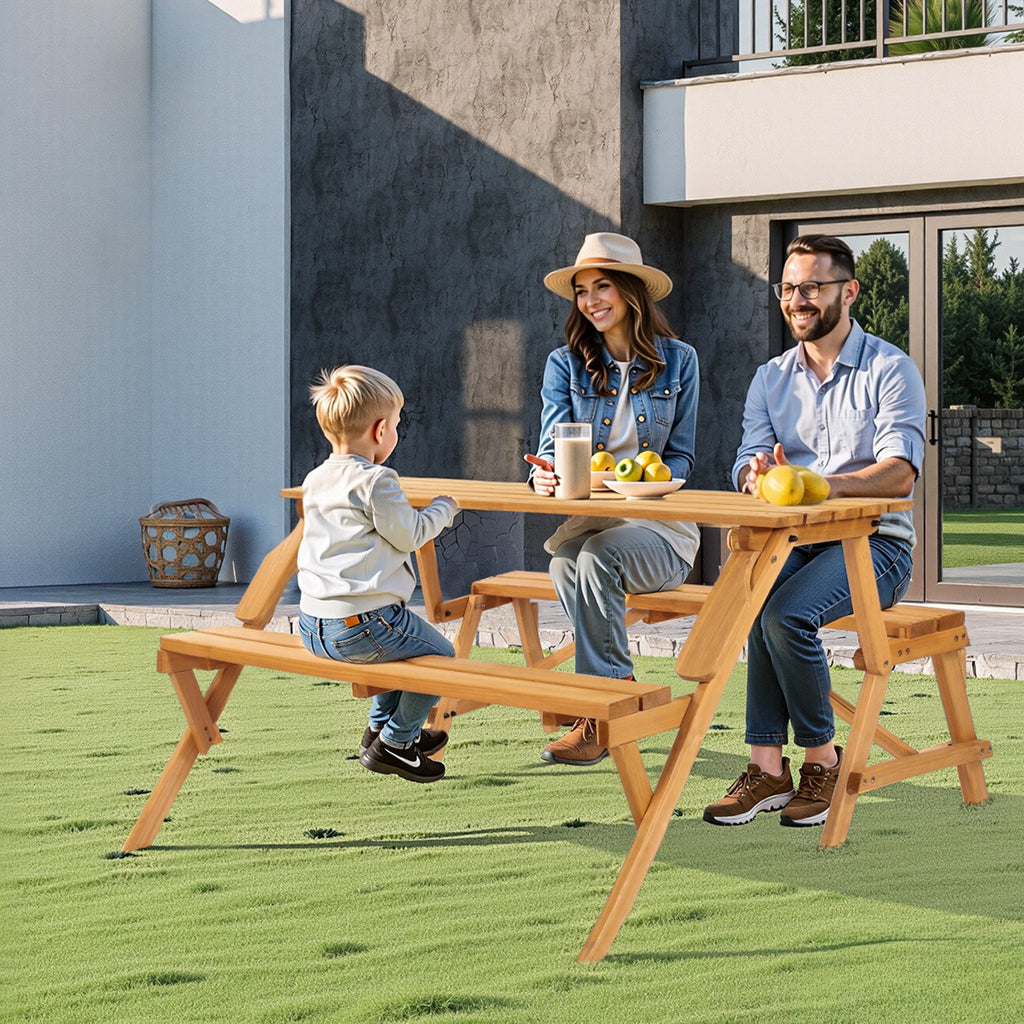 2-in-1 Transforming Interchangeable Picnic Table Wooden Table Bench Set Outdoor